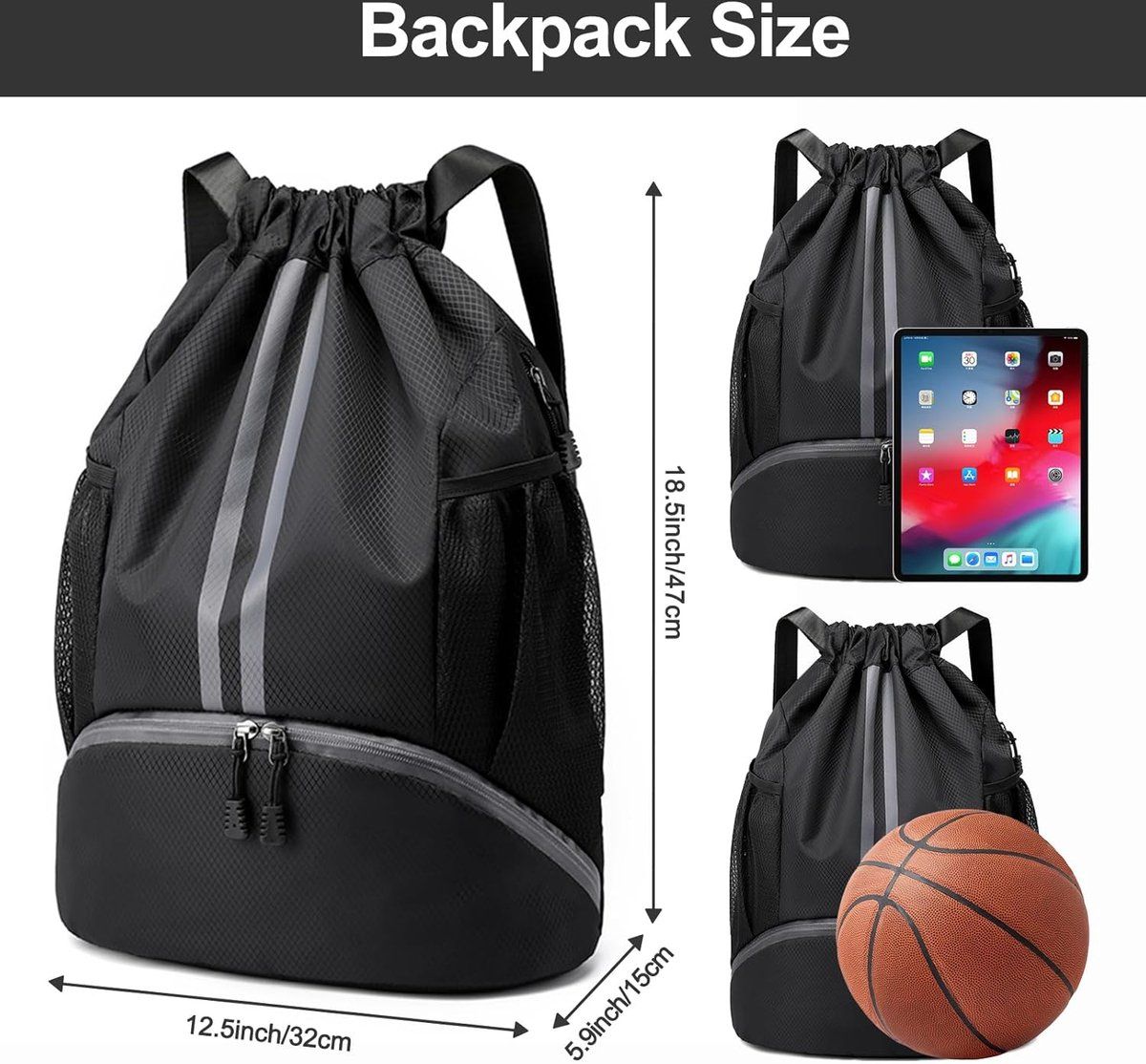 Water Resistant Drawstring Gym Backpack With Shoe Compartment And Wet Dry Pocket For Swimming Yoga Travel, Black