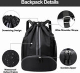 Water Resistant Drawstring Gym Backpack With Shoe Compartment And Wet Dry Pocket For Swimming Yoga Travel, Black - 45-Degree Angle