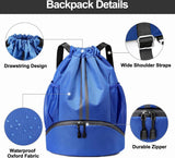Drawstring Gym Backpack, Water Resistant Oxford Cloth Sports Bag With Shoe Compartment And Wet Pocket, For Swimming And Workout, Blue
