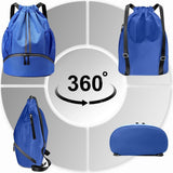Drawstring Gym Backpack, Water Resistant Oxford Cloth Sports Bag With Shoe Compartment And Wet Pocket, For Swimming And Workout, Blue - Top-Down View