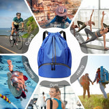 Drawstring Gym Backpack, Water Resistant Oxford Cloth Sports Bag With Shoe Compartment And Wet Pocket, For Swimming And Workout, Blue - 45-Degree Angle