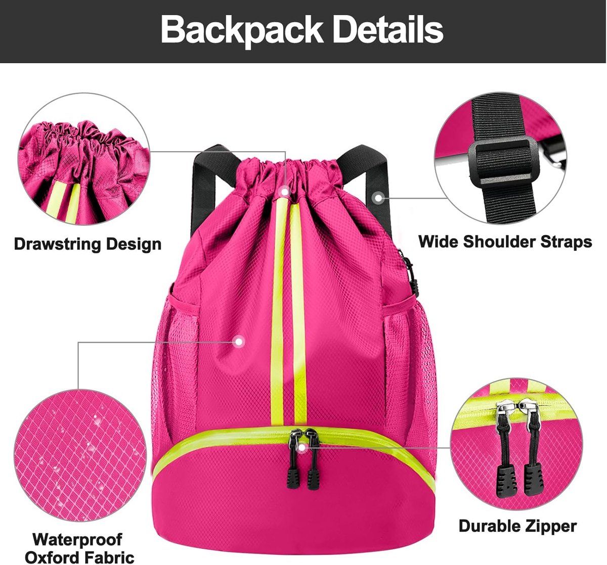 Drawstring Gym Backpack, Large Capacity Oxford Cloth Sports Bag With Shoe Compartment And Wet Pocket, Unisex For Swimming Beach, 15.7 x 11.8 in