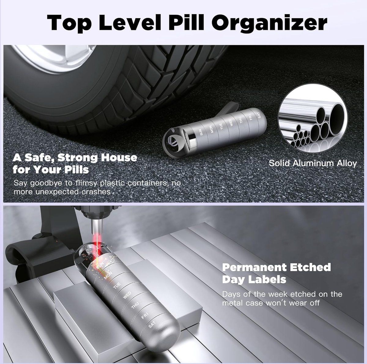 Travel Pill Organizer Waterproof Aluminum Alloy 7 Day Weekly Pill Box With Large Compartments For Vitamins Fish Oil Supplements Gray