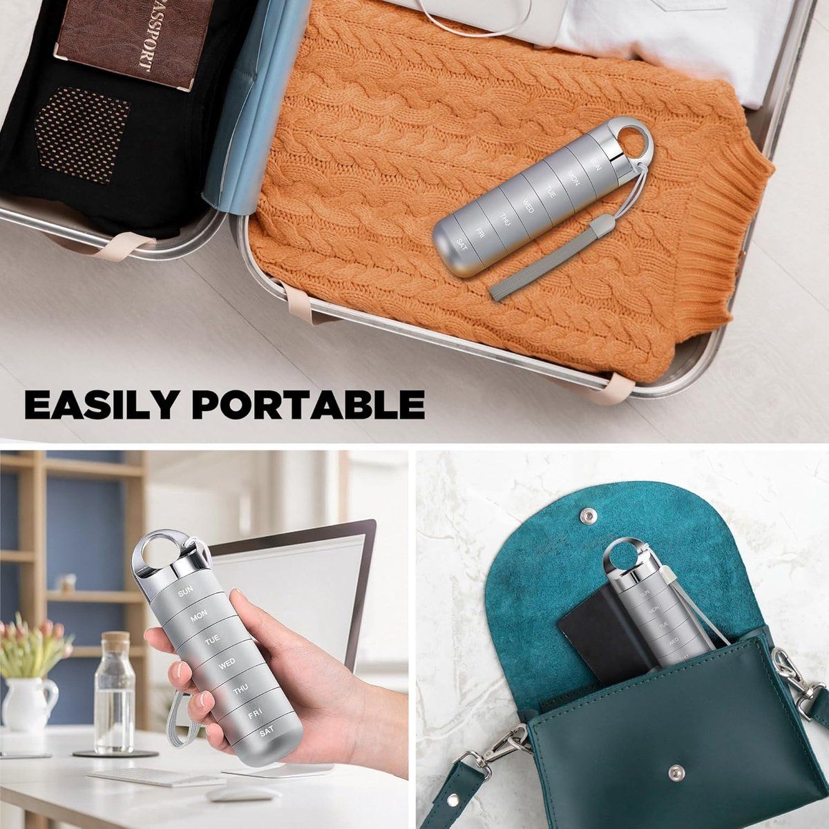Travel Pill Organizer Waterproof Aluminum Alloy 7 Day Weekly Pill Box With Large Compartments For Vitamins Fish Oil Supplements Gray