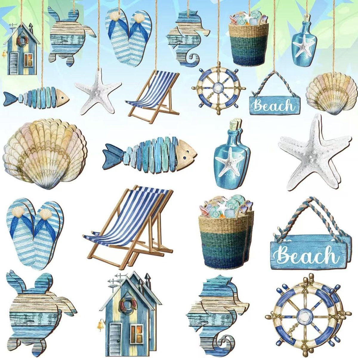 36 Pack Wooden Ocean Ornaments, Nautical Sea Animal Cutout Hanging Decorations For Christmas Tree Home Office, Blue Coastal Theme, 5 to 8 cm