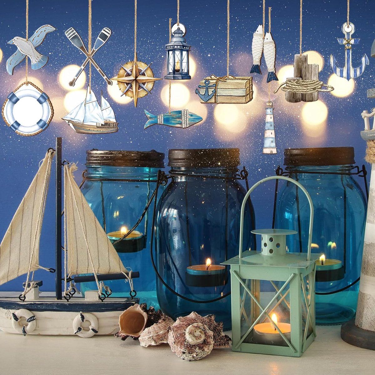 36 Pack Wooden Ocean Ornaments, Nautical Sea Animal Cutout Hanging Decorations For Christmas Tree Home Office, Blue Coastal Theme, 5 to 8 cm