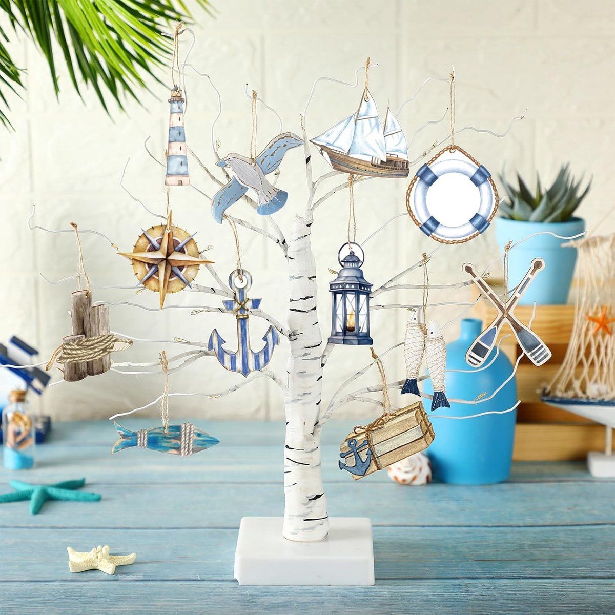 36 Pack Wooden Ocean Ornaments, Nautical Sea Animal Cutout Hanging Decorations For Christmas Tree Home Office, Blue Coastal Theme, 5 to 8 cm