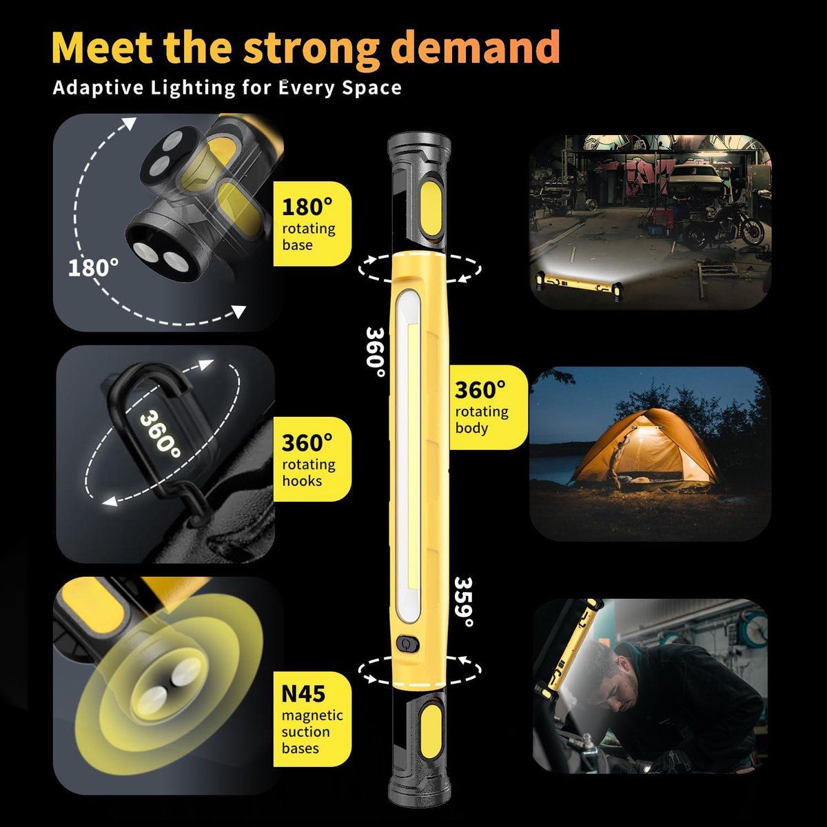 Rechargeable LED Work Light With Magnetic Base 360 Adjustable 6000mAh USB Output For Car Repair Garage Camping Green, 3000 lm, 51 cm