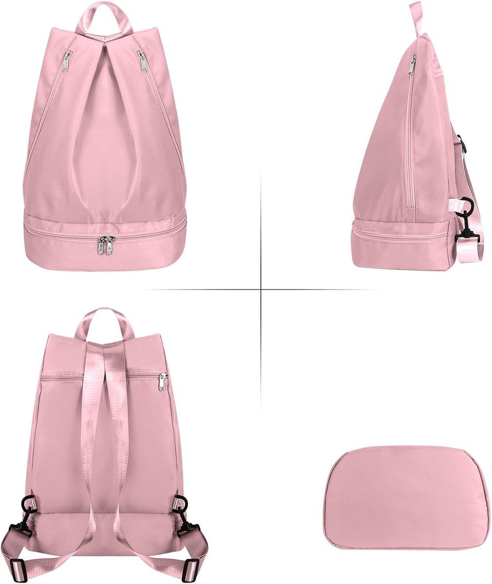 Swim Gym Backpack With Shoe Compartment, Wet Dry Separation, Foldable Odor Resistant Sports Bag For Women, Pink
