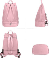 Swim Gym Backpack With Shoe Compartment, Wet Dry Separation, Foldable Odor Resistant Sports Bag For Women, Pink