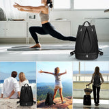 Women Swim Gym Backpack With Wet Dry Separation Shoe Compartment Foldable Nylon Sports Bag With Adjustable Straps, Black - Side View