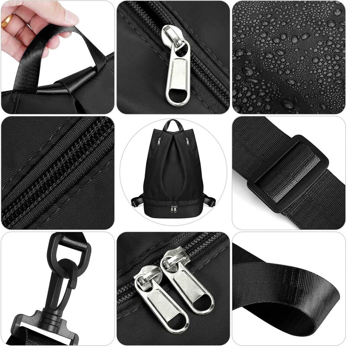 Women Swim Gym Backpack With Wet Dry Separation Shoe Compartment Foldable Nylon Sports Bag With Adjustable Straps, Black