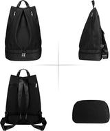 Women Swim Gym Backpack With Wet Dry Separation Shoe Compartment Foldable Nylon Sports Bag With Adjustable Straps, Black - 45-Degree Angle