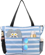 Beach Tote Bag With Zipper, Large Capacity Polyester Tote With 8 Compartments, Foldable Carry Bag For Beach Travel Pool Gym, Blue, 43 x 38 x 15 cm