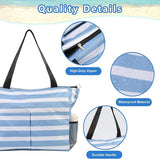 Beach Tote Bag With Zipper, Large Capacity Polyester Tote With 8 Compartments, Foldable Carry Bag For Beach Travel Pool Gym, Blue, 43 x 38 x 15 cm - Front View