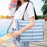 Beach Tote Bag With Zipper, Large Capacity Polyester Tote With 8 Compartments, Foldable Carry Bag For Beach Travel Pool Gym, Blue, 43 x 38 x 15 cm - Side View