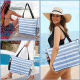 Beach Tote Bag With Zipper, Large Capacity Polyester Tote With 8 Compartments, Foldable Carry Bag For Beach Travel Pool Gym, Blue, 43 x 38 x 15 cm - Top-Down View