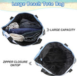Beach Tote Bag With Zipper, Large Capacity Polyester Tote With 8 Compartments, Foldable Carry Bag For Beach Travel Pool Gym, Blue, 43 x 38 x 15 cm - 45-Degree Angle