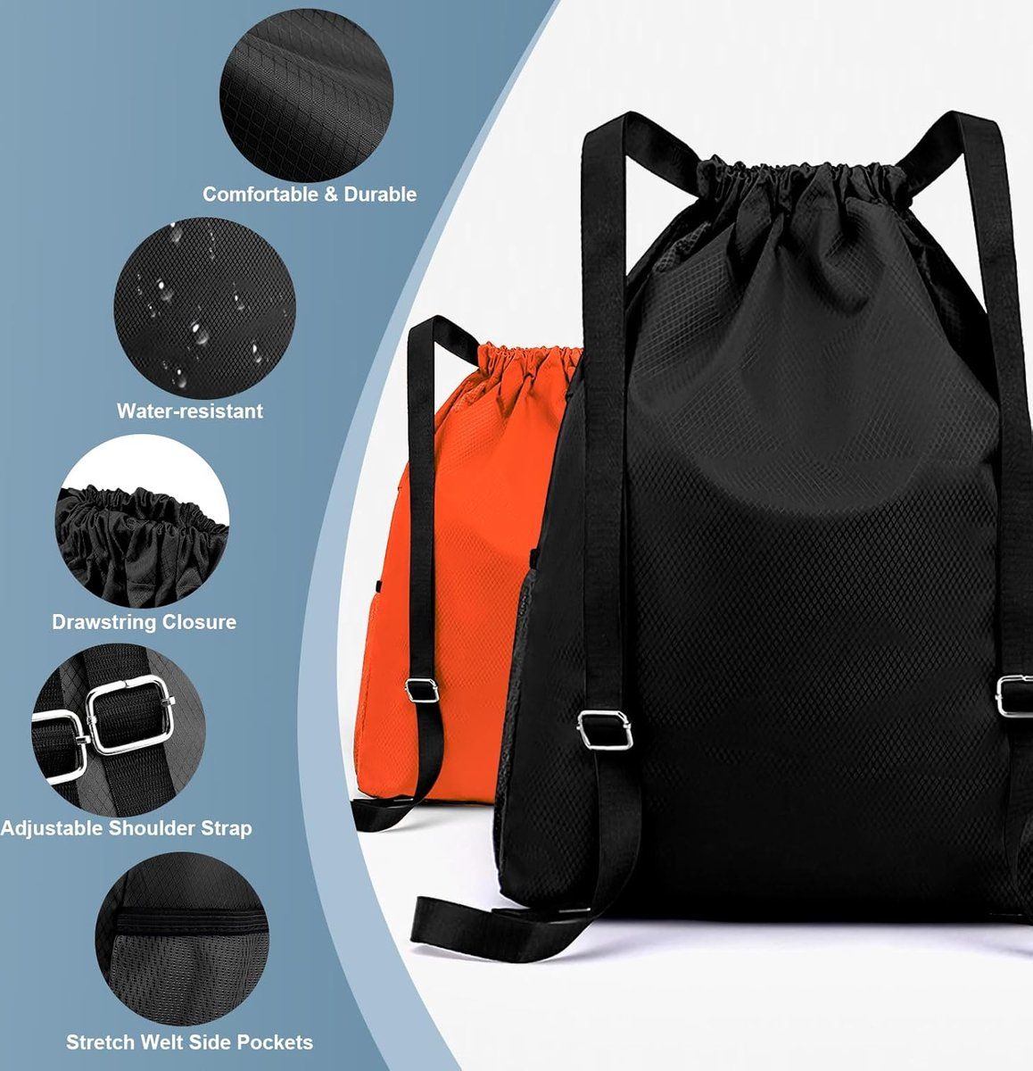 Drawstring Gym Backpack, Water Resistant Sports Bag With Wet Dry Compartment And Multiple Pockets, For Men And Women Travel Swim Yoga, Black, 18.5 in