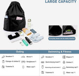Drawstring Gym Backpack, Water Resistant Sports Bag With Wet Dry Compartment And Multiple Pockets, For Men And Women Travel Swim Yoga, Black, 18.5 in - Top-Down View