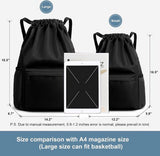 Drawstring Gym Backpack, Water Resistant Sports Bag With Wet Dry Compartment And Multiple Pockets, For Men And Women Travel Swim Yoga, Black, 18.5 in