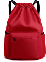 Water Resistant Drawstring Gym Backpack With Wet Dry Compartment And Multiple Pockets For Men Women Travel Yoga Dance Red, 16.5 in