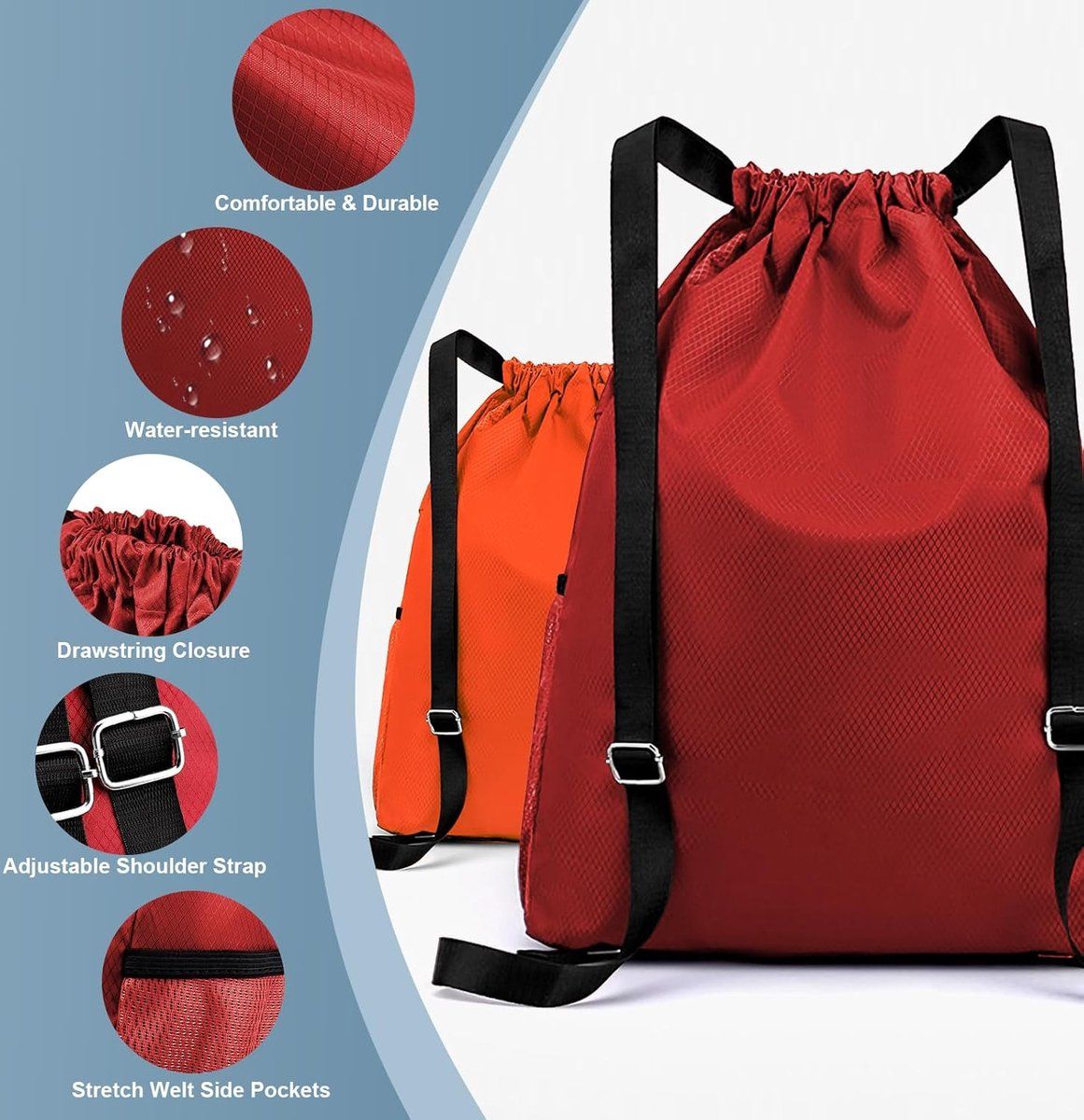 Water Resistant Drawstring Gym Backpack With Wet Dry Compartment And Multiple Pockets For Men Women Travel Yoga Dance Red, 16.5 in
