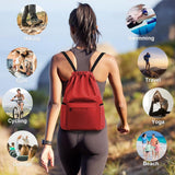 Water Resistant Drawstring Gym Backpack With Wet Dry Compartment And Multiple Pockets For Men Women Travel Yoga Dance Red, 16.5 in - Top-Down View