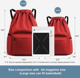 Water Resistant Drawstring Gym Backpack With Wet Dry Compartment And Multiple Pockets For Men Women Travel Yoga Dance Red, 16.5 in