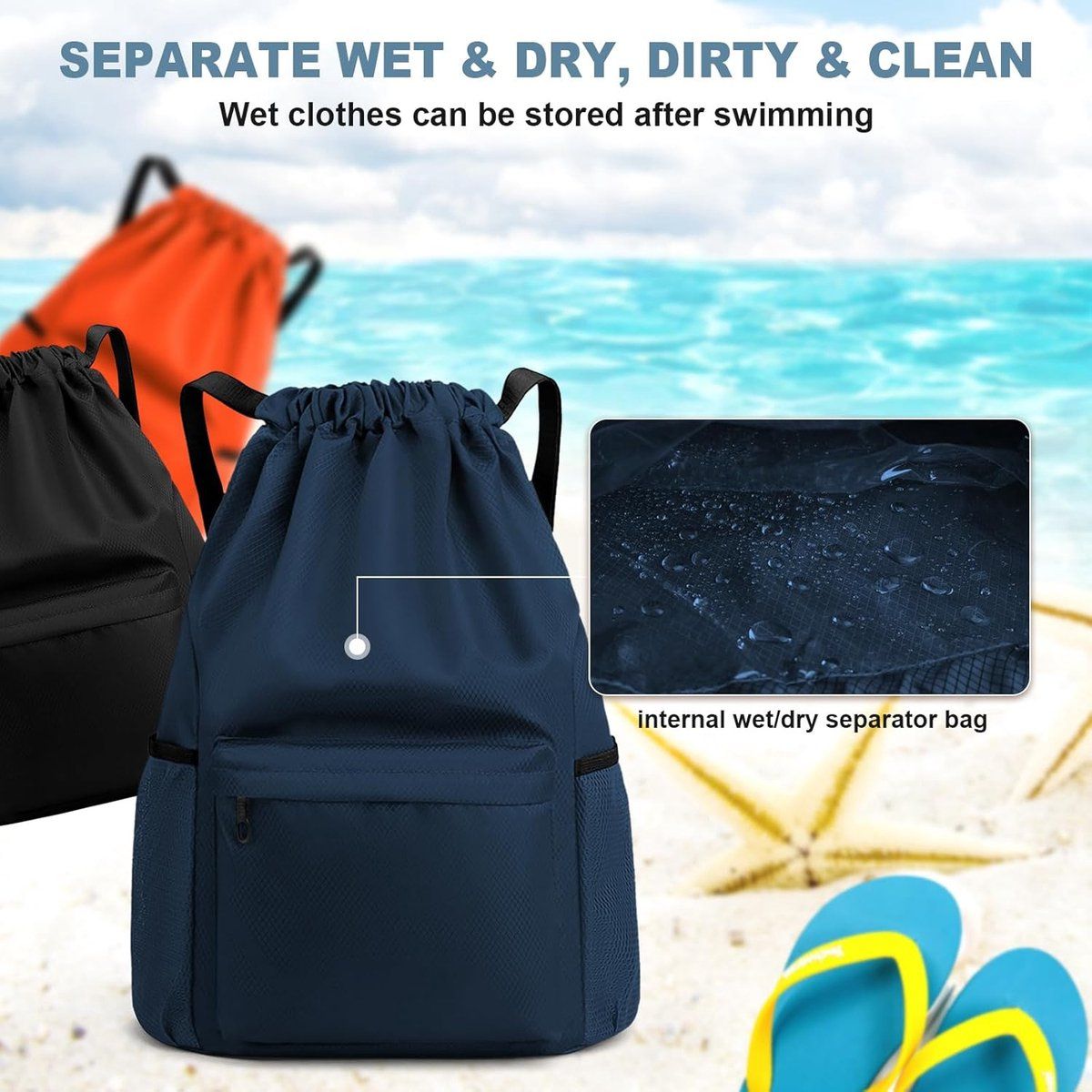 Drawstring Gym Backpack, Water Resistant Sports Bag With Wet Dry Compartment And Multi Pocket Storage, For Men And Women Travel Yoga Swim, 18.5 in