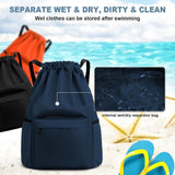 Drawstring Gym Backpack, Water Resistant Sports Bag With Wet Dry Compartment And Multi Pocket Storage, For Men And Women Travel Yoga Swim, 18.5 in