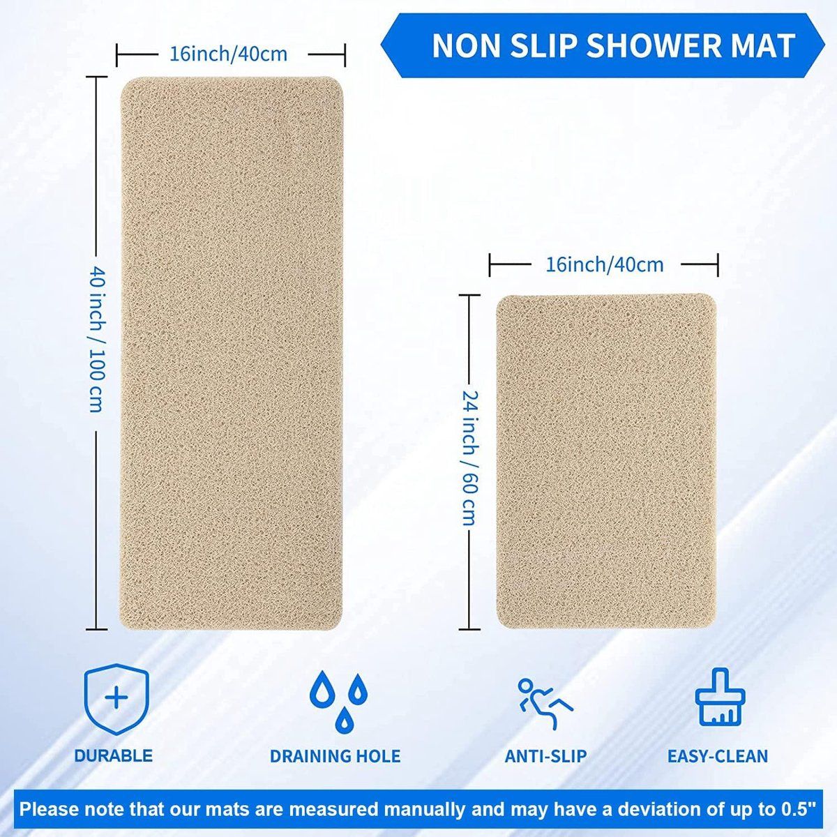 Non Slip Shower Mat PVC Loofah Foot Scrubber With Drainage Holes Fast Drying Bathroom Tub Floor Mat Beige, 24 x 16 in