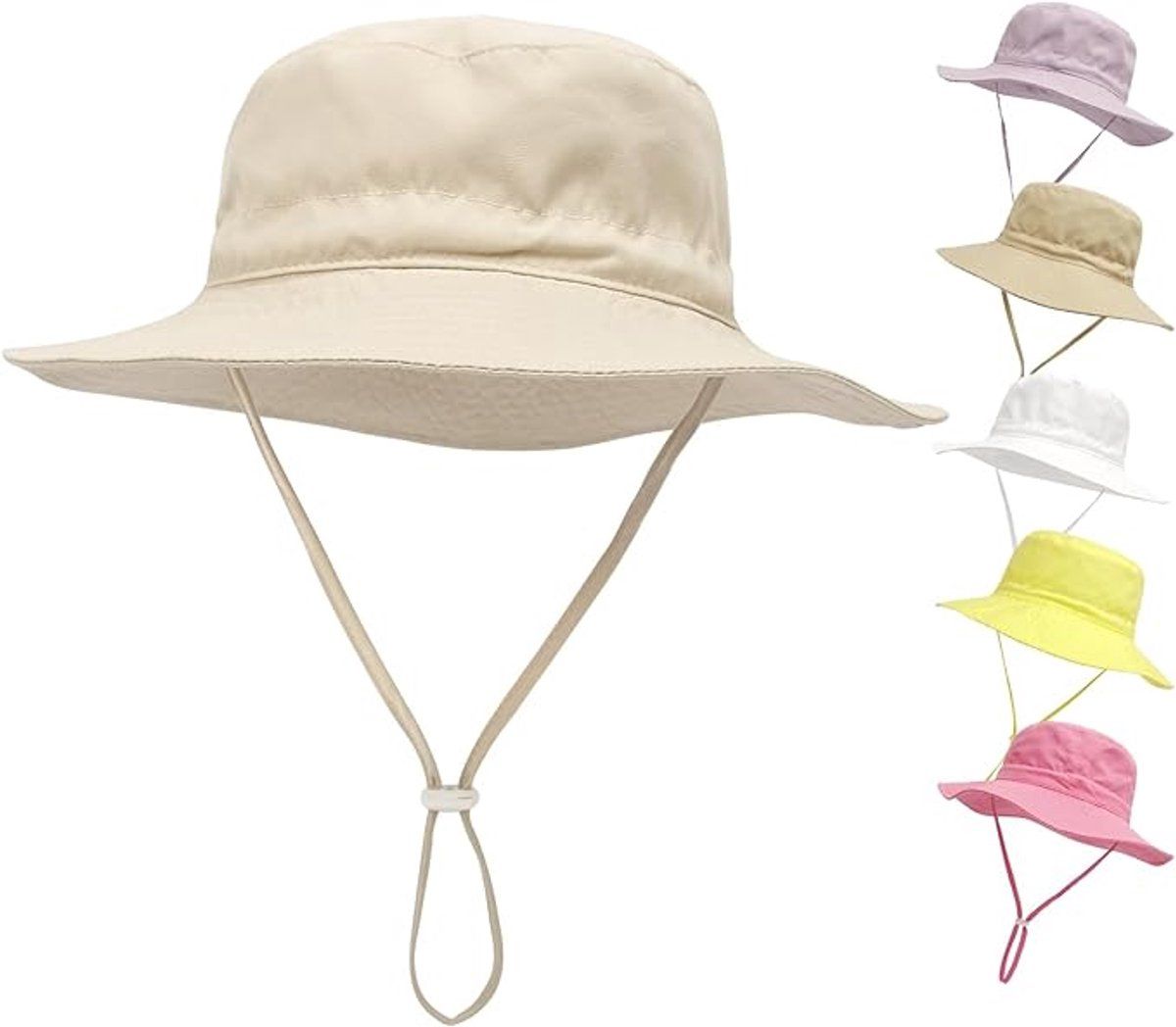 Baby Sun Hat, Breathable Cotton Wide Brim Bucket Hat With Adjustable Chin Strap, For Beach Travel Outdoors, XS Beige, 44 to 46 cm