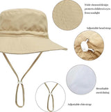 Baby Sun Hat Wide Brim Breathable Cotton Foldable Bucket Hat With Chin Strap For Beach Travel, Khaki XS 0 to 8 Months, 44 to 46 cm