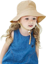 Baby Sun Hat Wide Brim Breathable Cotton Foldable Bucket Hat With Chin Strap For Beach Travel, Khaki XS 0 to 8 Months, 44 to 46 cm - 45-Degree Angle