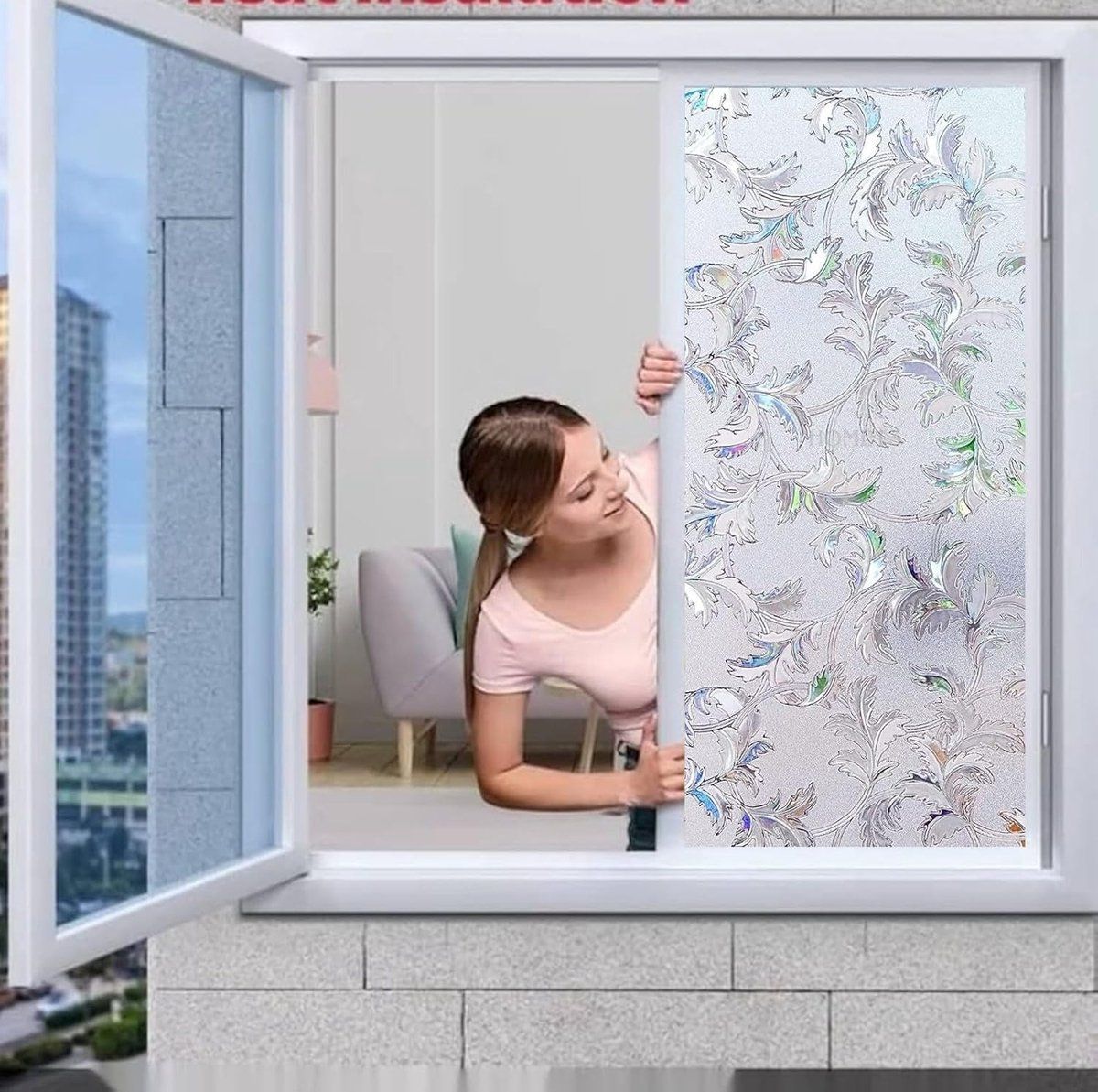 Decorative Window Privacy Film Static Cling PVC Frosted Glass Leaf Pattern For Home Office Bathroom, 45 x 200 cm