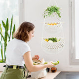 Hanging Fruit Basket 3 Tier Cotton Wall Storage Organizer, Boho Woven Basket Bags For Kitchen Bathroom Nursery, White