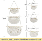 Hanging Fruit Basket 3 Tier Cotton Wall Storage Organizer, Boho Woven Basket Bags For Kitchen Bathroom Nursery, White