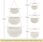 Hanging Fruit Basket 3 Tier Cotton Wall Storage Organizer, Boho Woven Basket Bags For Kitchen Bathroom Nursery, White