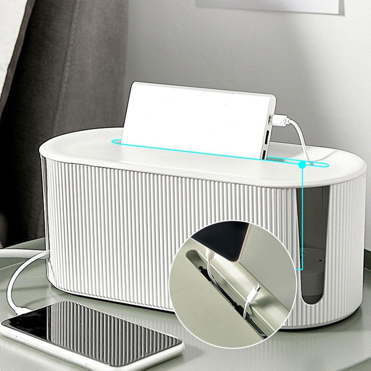 Cable Management Box ABS Cord Organizer With Ventilation And Slide Lid For Office Desk And TV Stand White, 31 x 13.5 x 12.5 cm