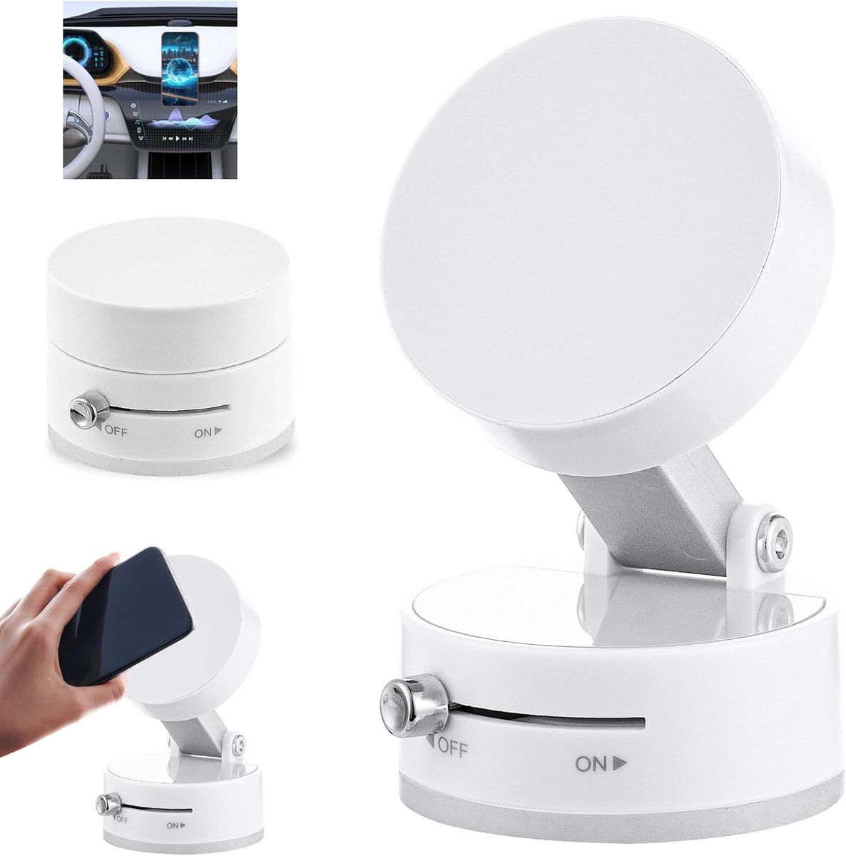 Car Phone Mount With Strong Suction Cup, Foldable 360 Rotating One Hand Operation, Universal For Car Dashboard Kitchen Bathroom Desk, White