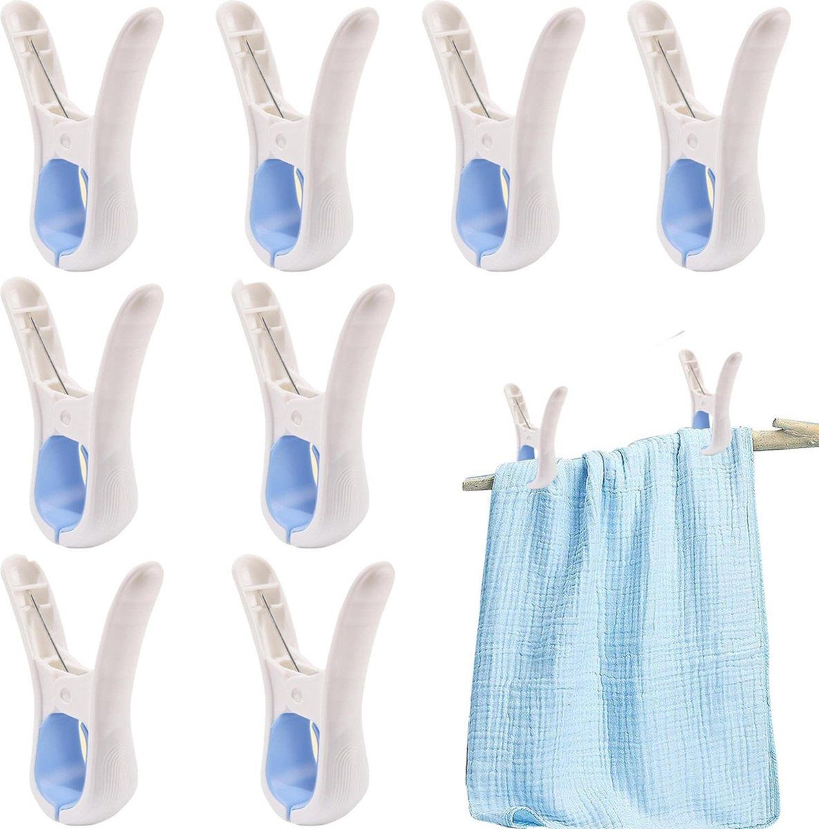 8 Pack Large Towel Clips, PP Plastic Clothesline Pegs With Non Slip Pads, For Beach Towels Laundry Drying Indoor Outdoor, Blue Opening, 4 cm