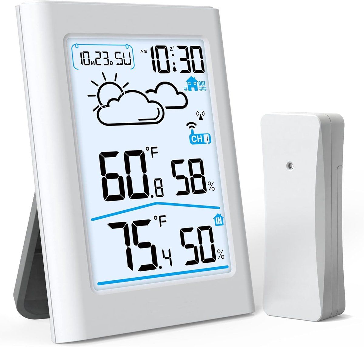 Wireless Indoor Outdoor Weather Station With Remote Sensor, Large Backlit LCD Thermometer Hygrometer, Forecast Clock Alarm For Home Office, 100 m