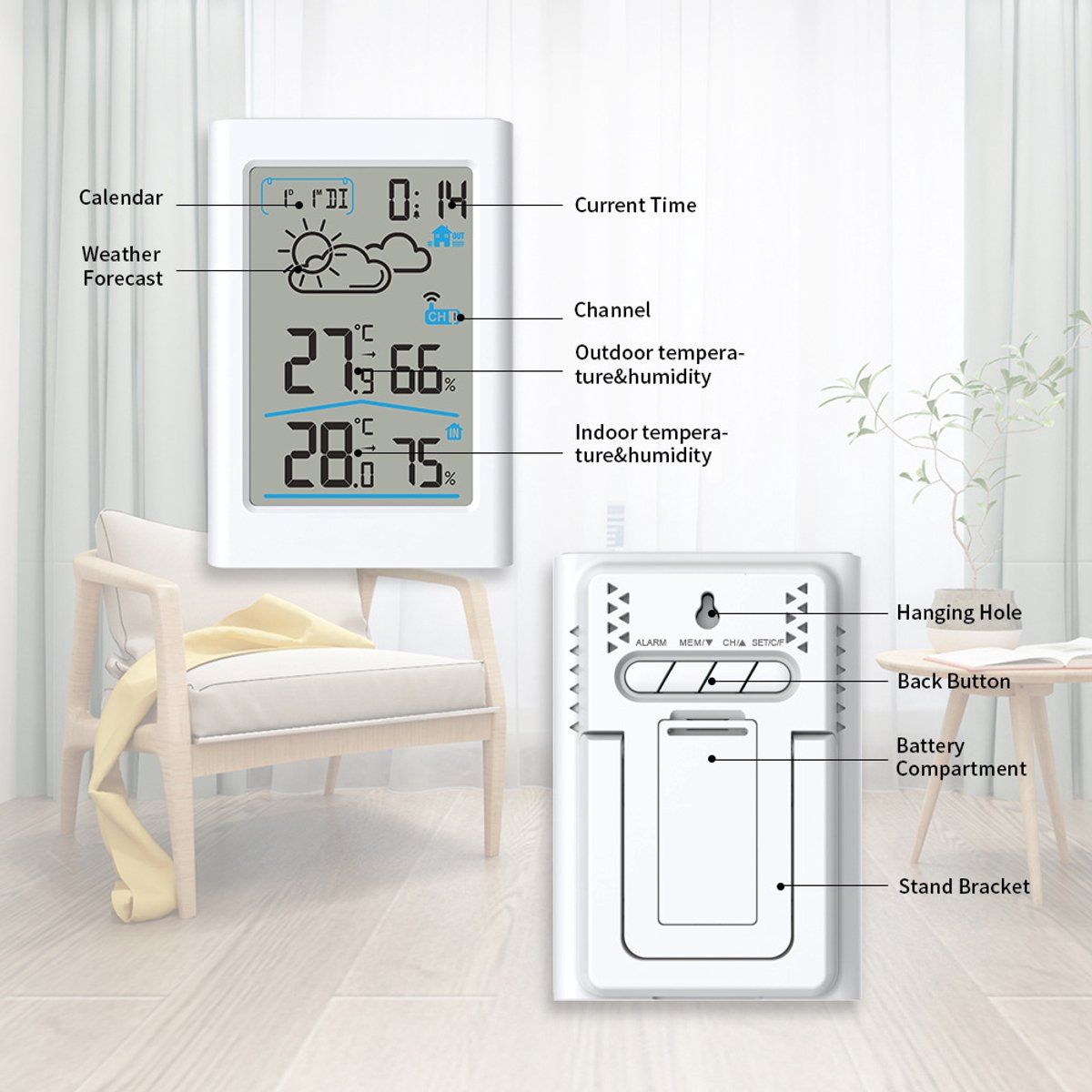 Wireless Indoor Outdoor Weather Station With Remote Sensor, Large Backlit LCD Thermometer Hygrometer, Forecast Clock Alarm For Home Office, 100 m