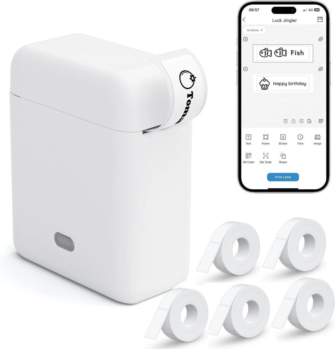 Thermal Label Printer With Bluetooth App, Inkless Mini Label Maker And 5 Paper Rolls, White, 20 x 14 cm