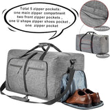 Foldable Travel Duffel Bag With Shoe Compartment Tear Resistant Polyester For Gym Weekend Trips And Airline Carry On Gray, 65 L - 45-Degree Angle