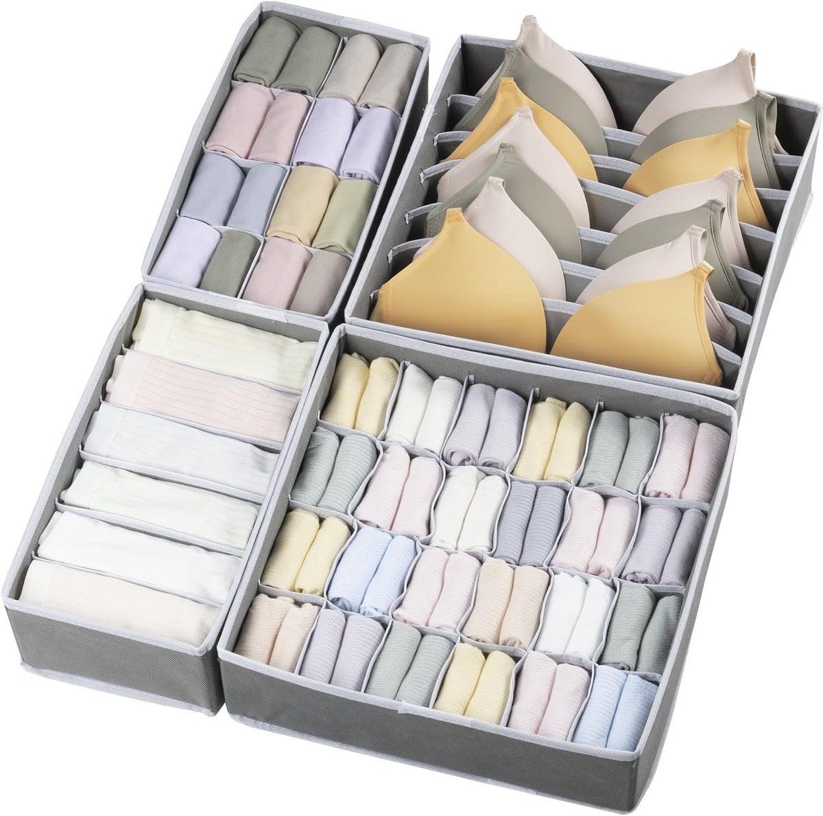 4 Pack Drawer Organizer Foldable Oxford Fabric Closet Storage Bins With Compartments For Underwear Socks Bras Baby Clothes Gray, 32 x 32 x 10 cm