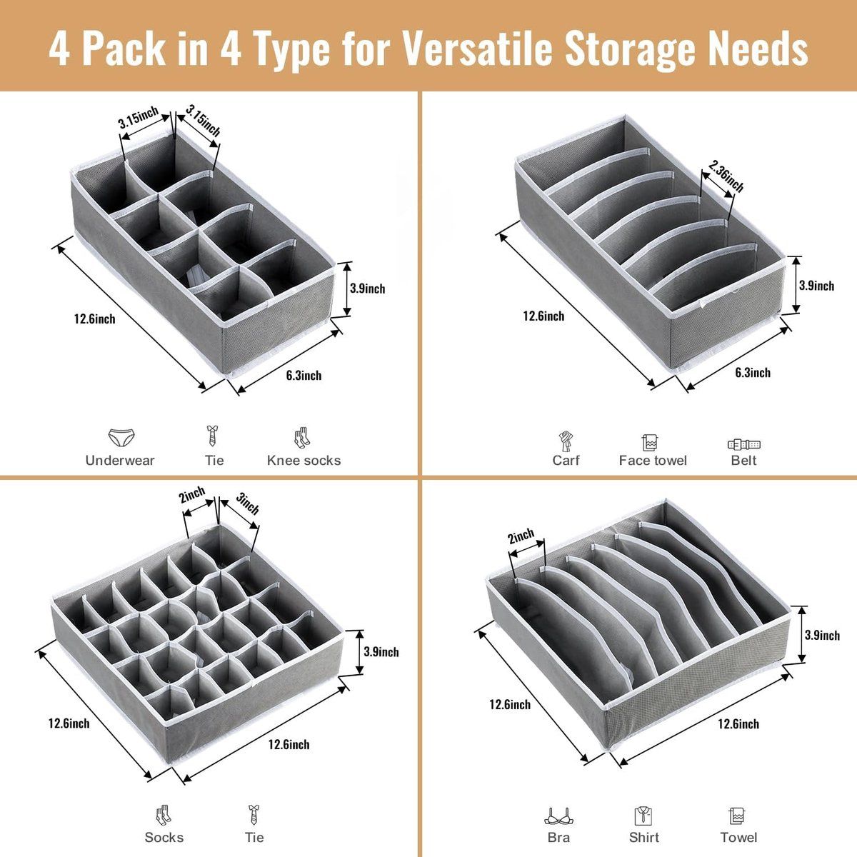 4 Pack Drawer Organizer Foldable Oxford Fabric Closet Storage Bins With Compartments For Underwear Socks Bras Baby Clothes Gray, 32 x 32 x 10 cm