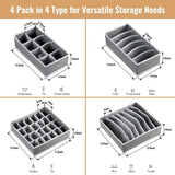 4 Pack Drawer Organizer Foldable Oxford Fabric Closet Storage Bins With Compartments For Underwear Socks Bras Baby Clothes Gray, 32 x 32 x 10 cm - Front View