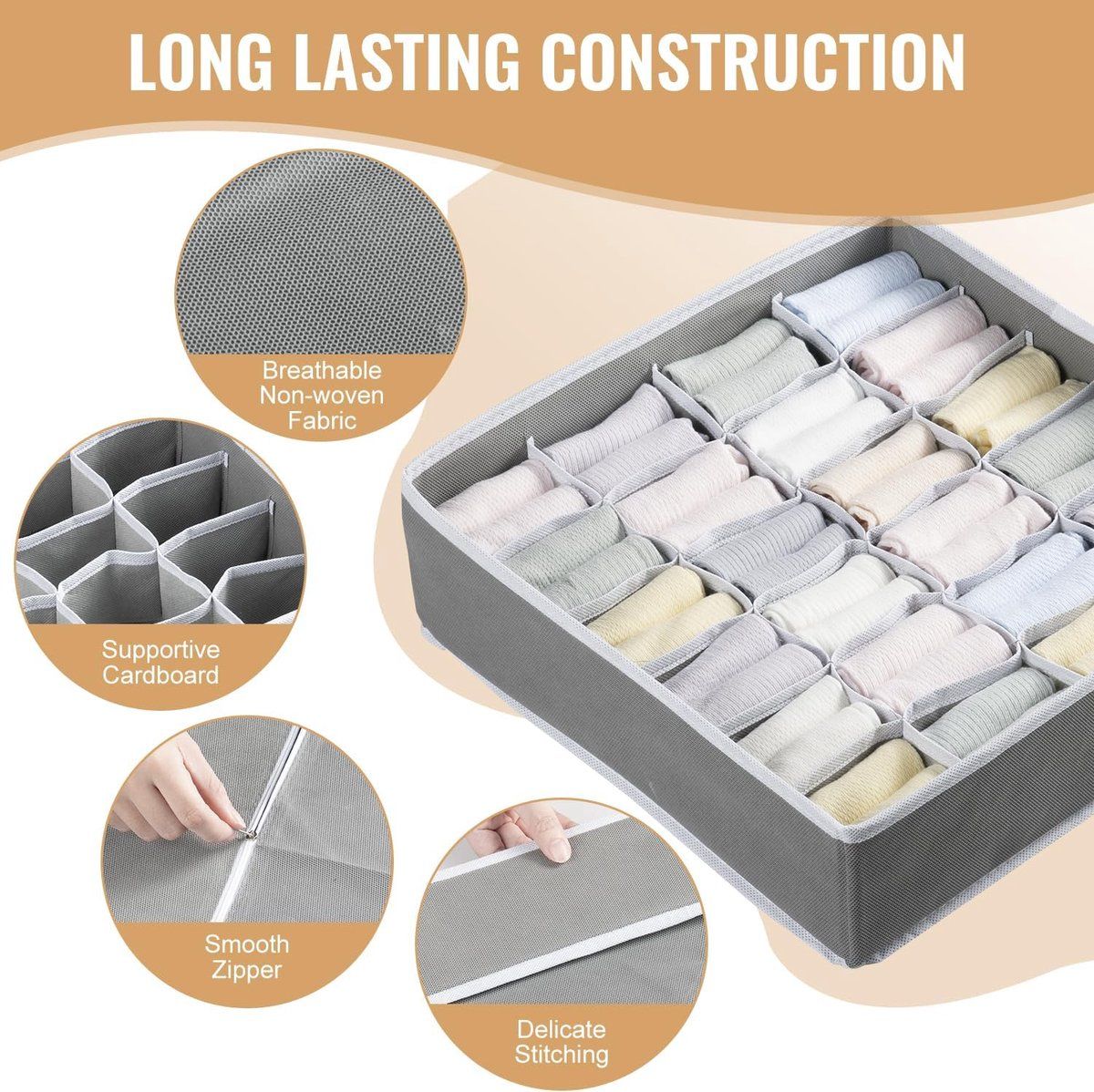4 Pack Drawer Organizer Foldable Oxford Fabric Closet Storage Bins With Compartments For Underwear Socks Bras Baby Clothes Gray, 32 x 32 x 10 cm